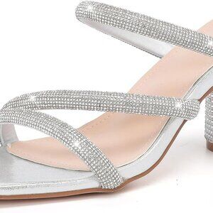 Women's Rhinestone Sandals Synthetic Leather 2.9 Inch Block Heels for Parties